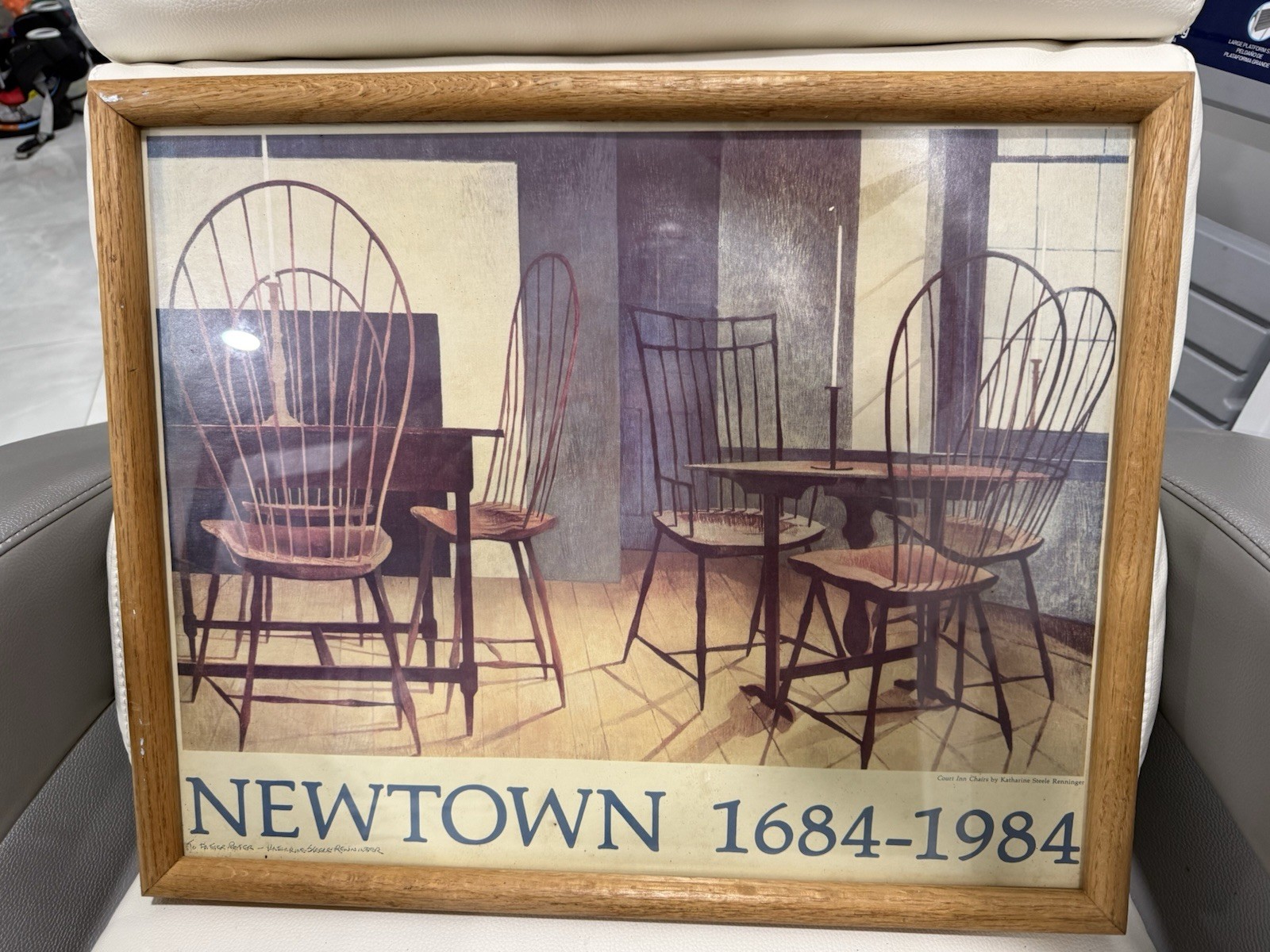 Signed Newtown 1684-1984 Framed Americana Folk Art Print Katharine Steele Rennin