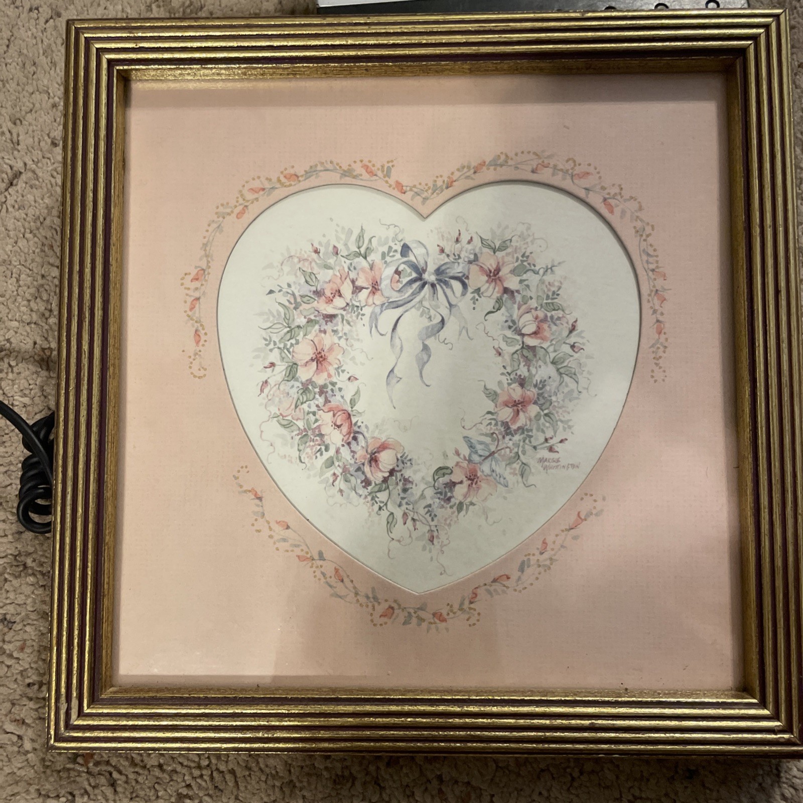 Vintage Framed Matted Floral Heart Wreath Print, Margie Whittington, 10.25”