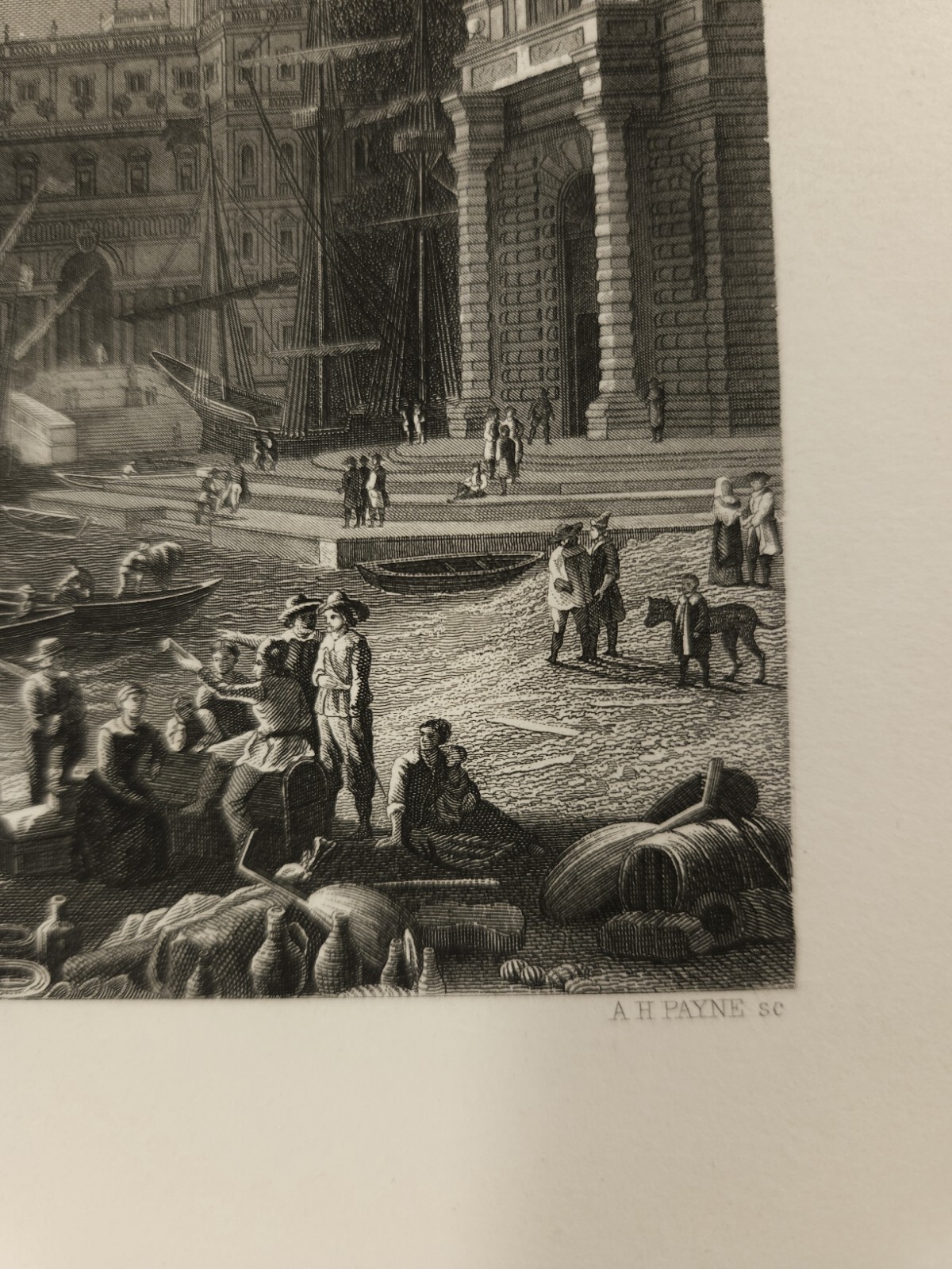 Vintage Marine Scene Windjammers People At Harborside 19th Century Engraving