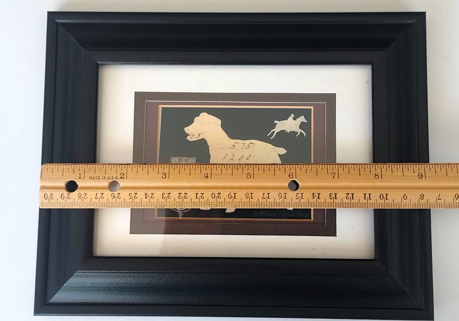 Dog art collage artist signed print Alison Shriver horse stamps framed glass