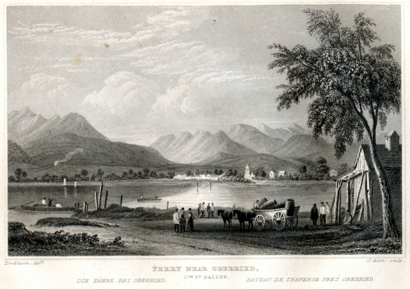 1840 Steel Engraving FERRY AT OBERRIET Ctn St Gallen Switzerland antique print