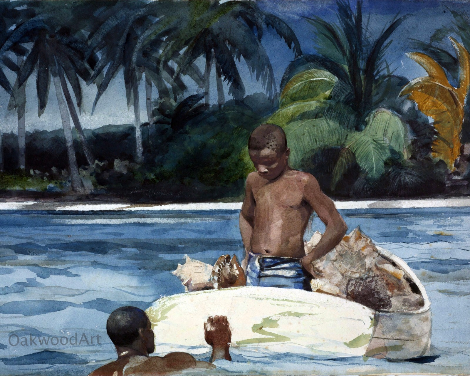 West Indies Divers, Black Boys, Canoe, Caribbean Sea, Vintage Art Reprint