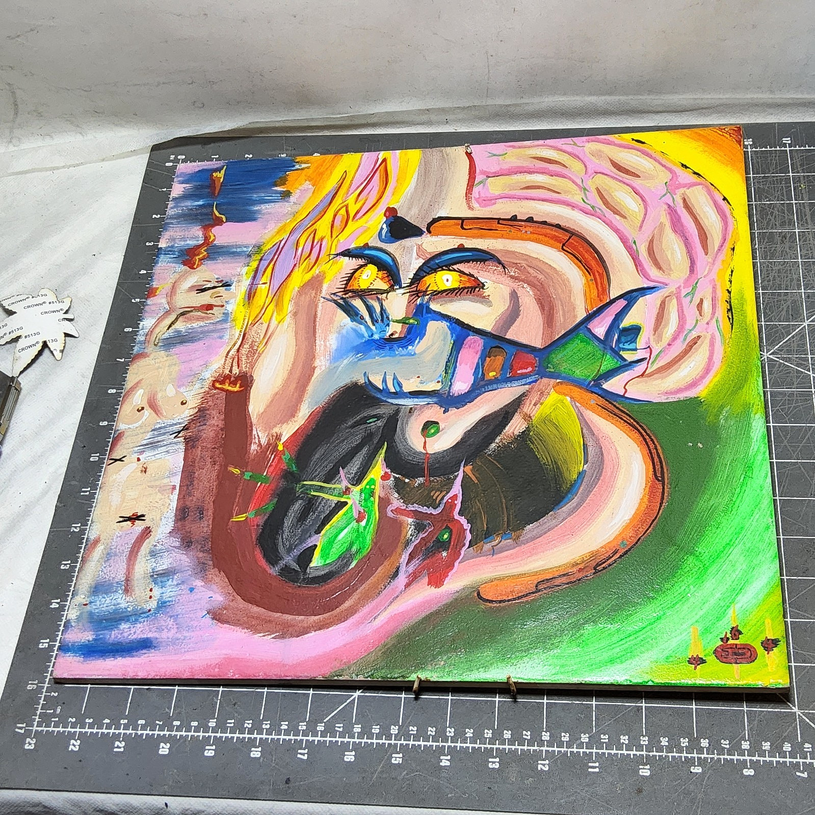 Vintage hand painted surreal sbstract art tile 16×16 bright acrylic psychedelic