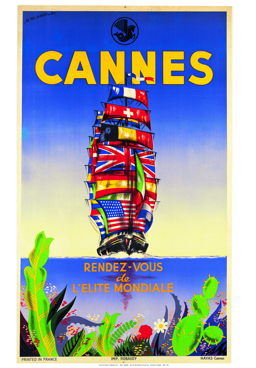 VINTAGE FRENCH CANNES TRAVEL POSTER by M. Pecnard 27.5×39.5 Tourism Art Print