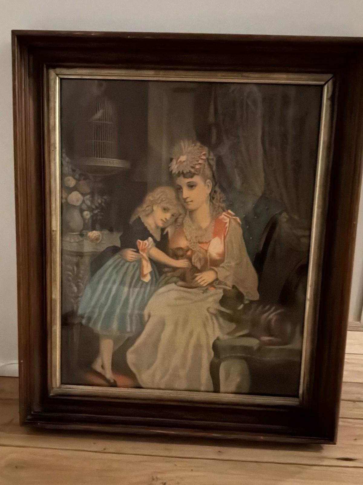Antique Victorian Mother Child Cat Dog Chromolithograph Framed Print Under Glass