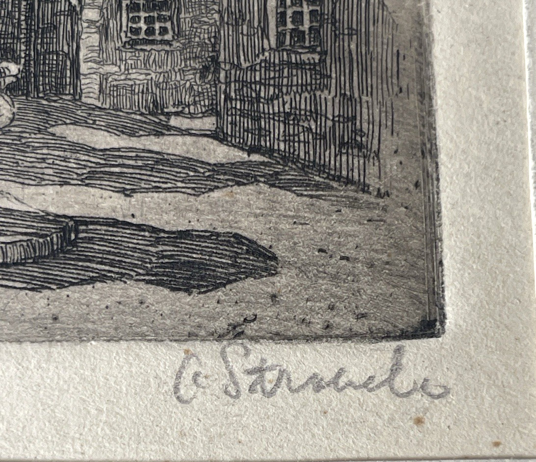Antique Venetian Etching Signed C. Strache (Strachel?)Venice Architectural Scene