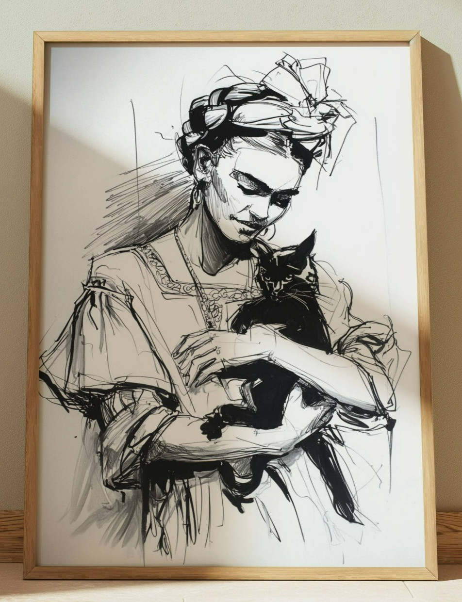FRIDA KAHLO INK DRAWING PRINT PORTRAIT SKETCH 8″ x 10″ FRIDA KAHLO MEXICO ARTIST