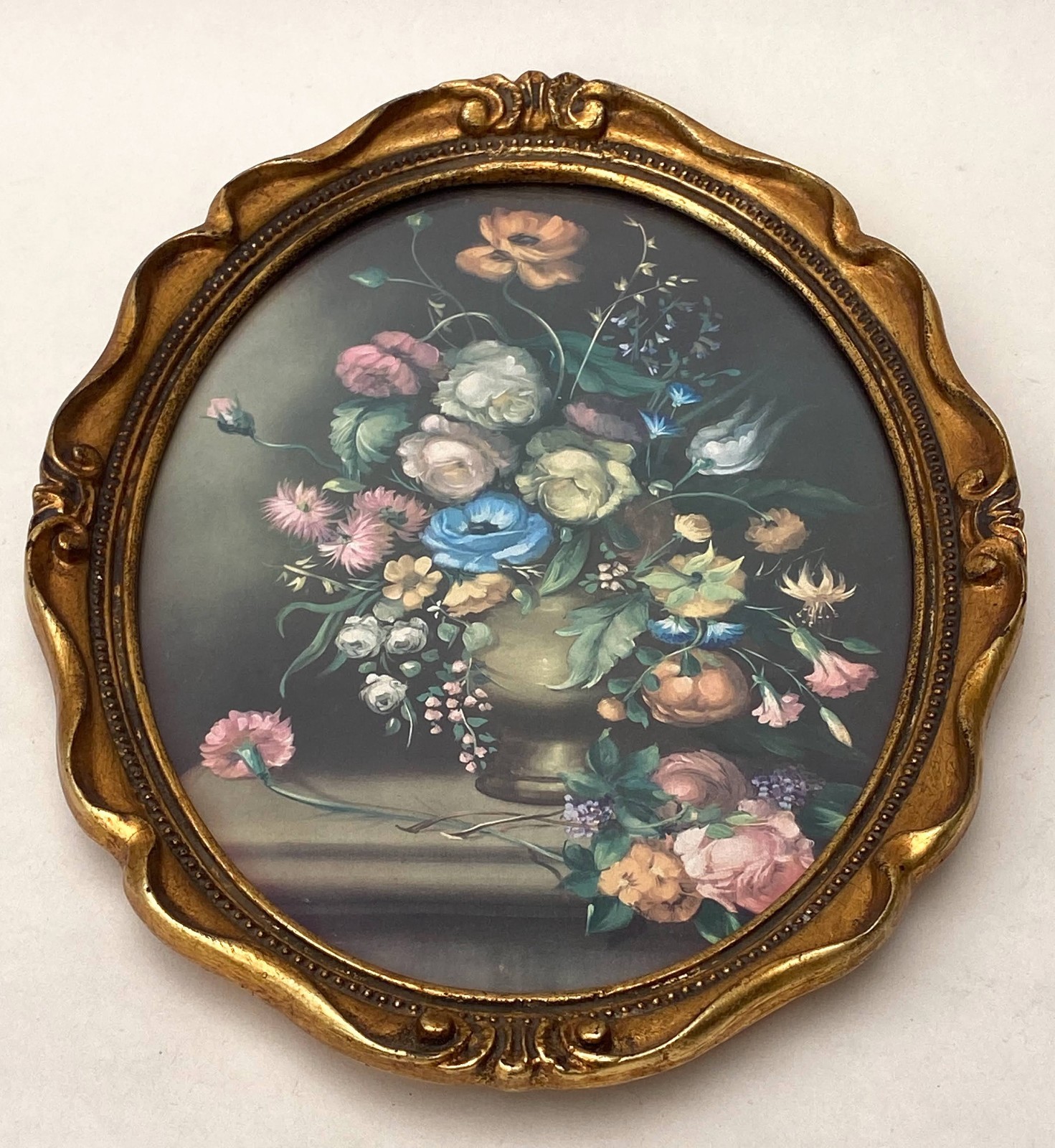 Vintage Floral Still Life Painting Print Oval Picture Gilt Frame Baroque Style