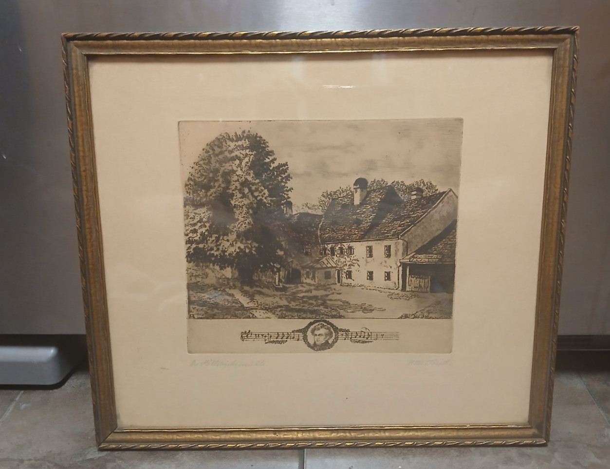 A hand signed ‘H Welser’ etching on silk titled ‘Hoeldrichsmuhle’ Austria titled