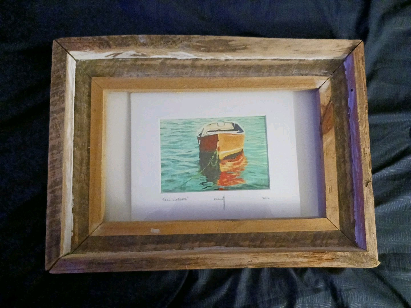 Teal Waters Watercolor Print Framed In Barn wood