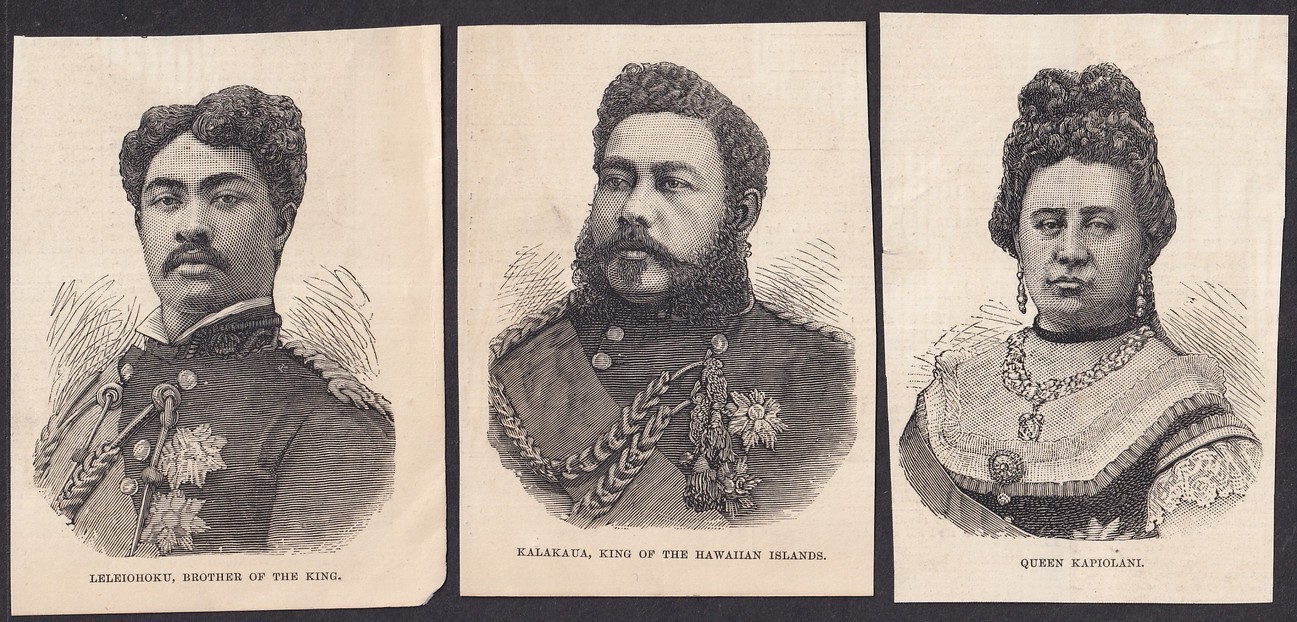 HAWAIIAN ROYALTY engraved litho prints 3.5″ x 5″ ex libris 1877 (3)