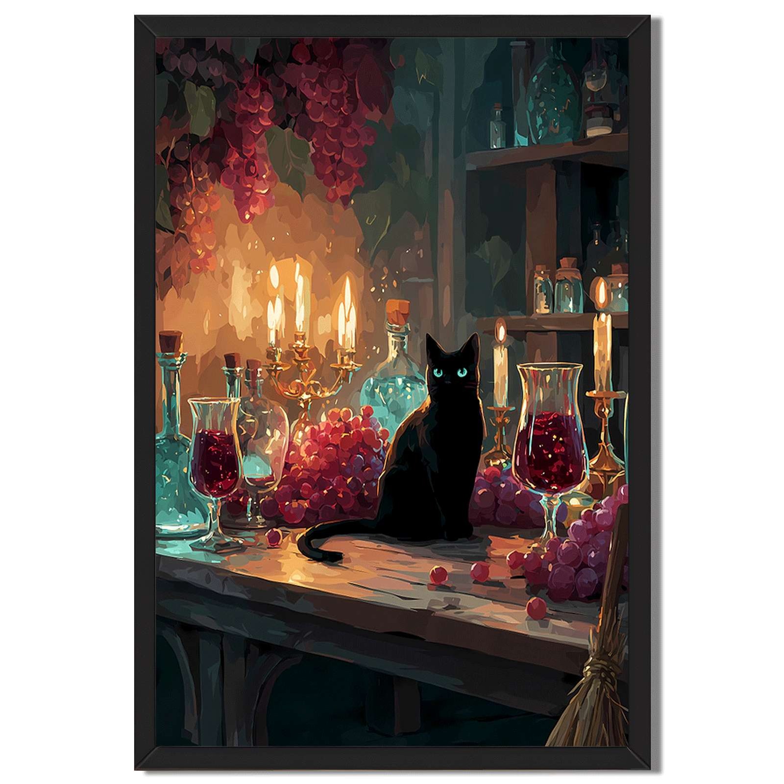 Black Cat Wine Grapes Wall Art Canvas Oil Paintings Reproduction