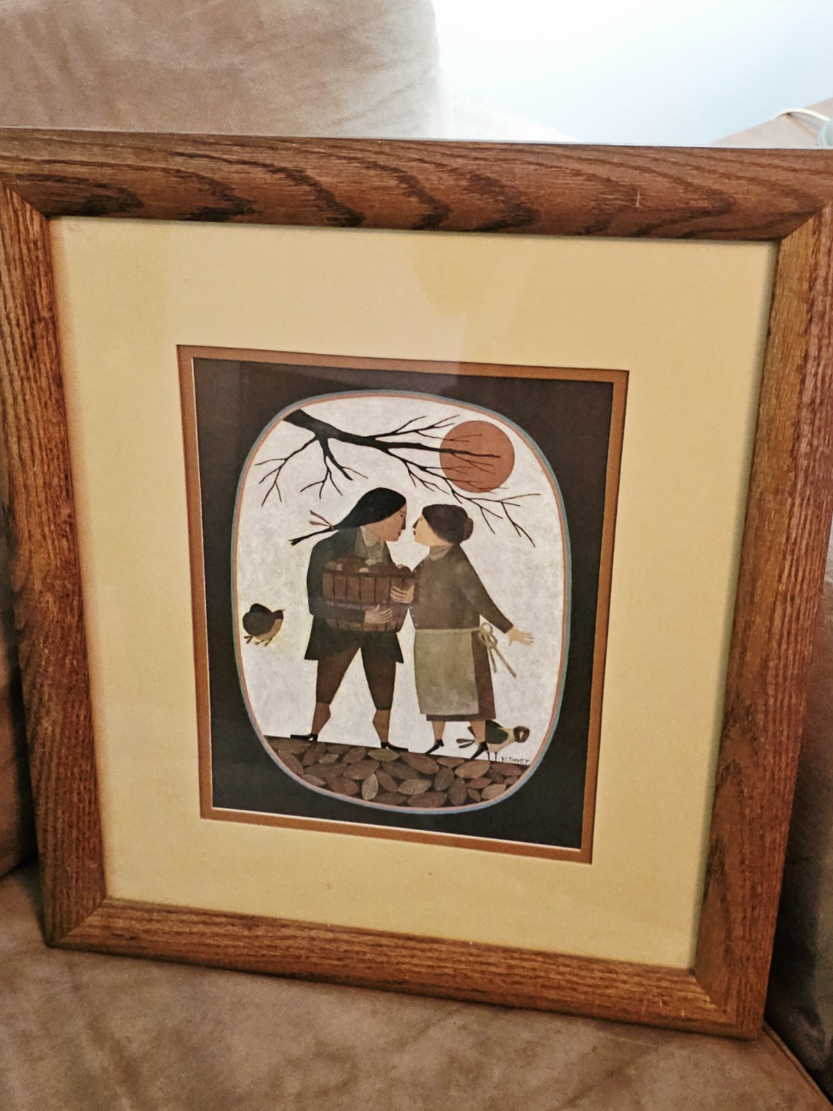 R Davey Folk Art Mid Century Folk Art Print Colonial Couple Signed Wood Frame
