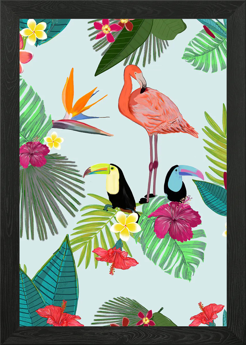 Colorful tropical flowers toucan Framed Wall Art Poster Canvas Print Picture