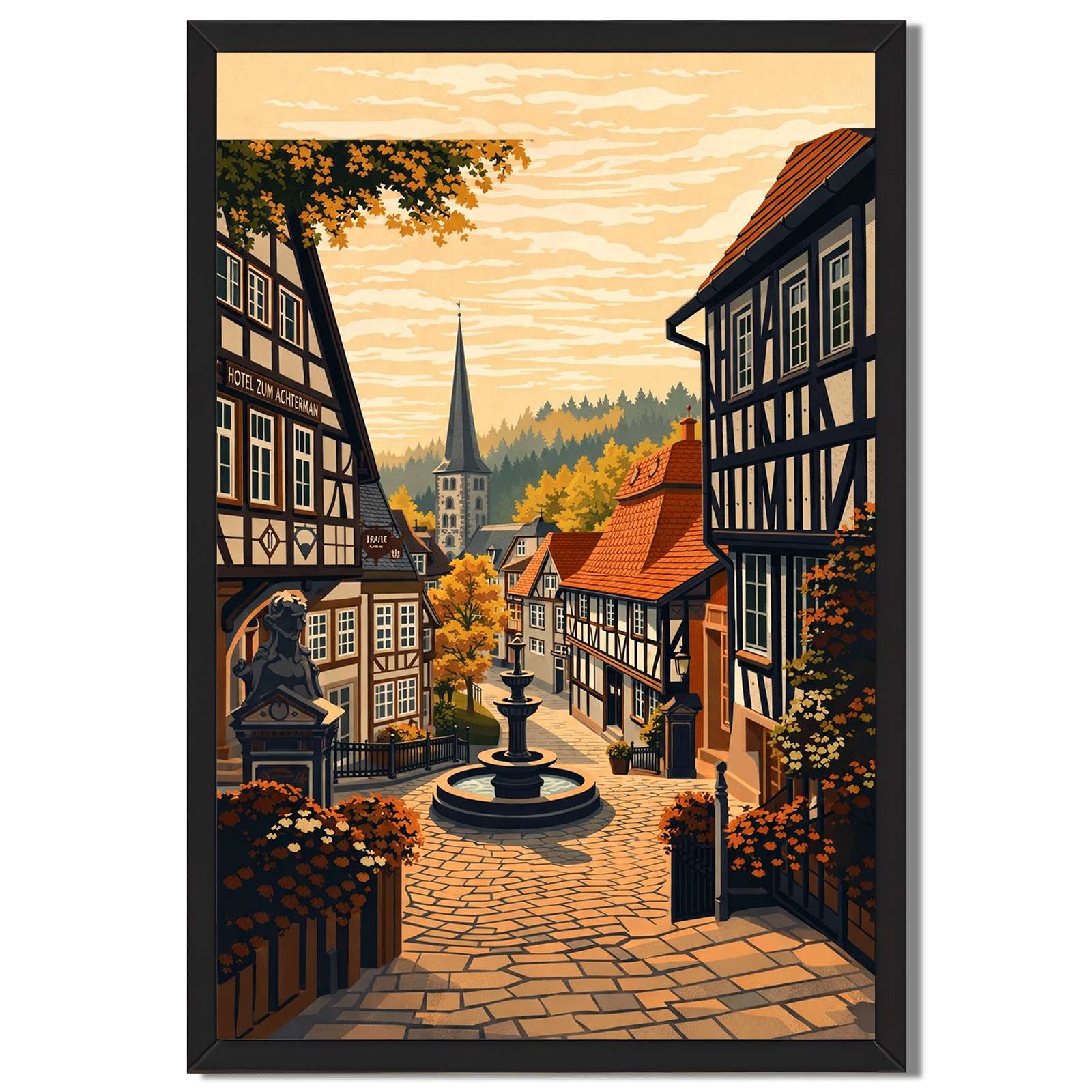 Autumn European Village Street Scene Canvas Oil Paintings Reproduction