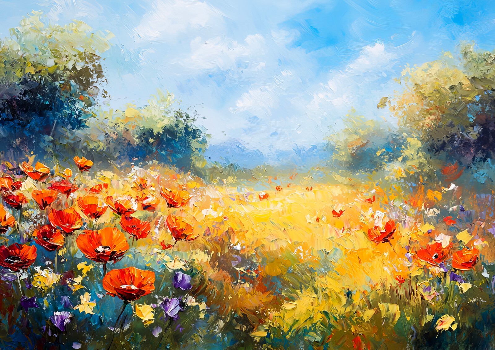 Sunlit Poppy Field 5″x7″ Print on Matte Paper | Radiant Nature Oil Artwork
