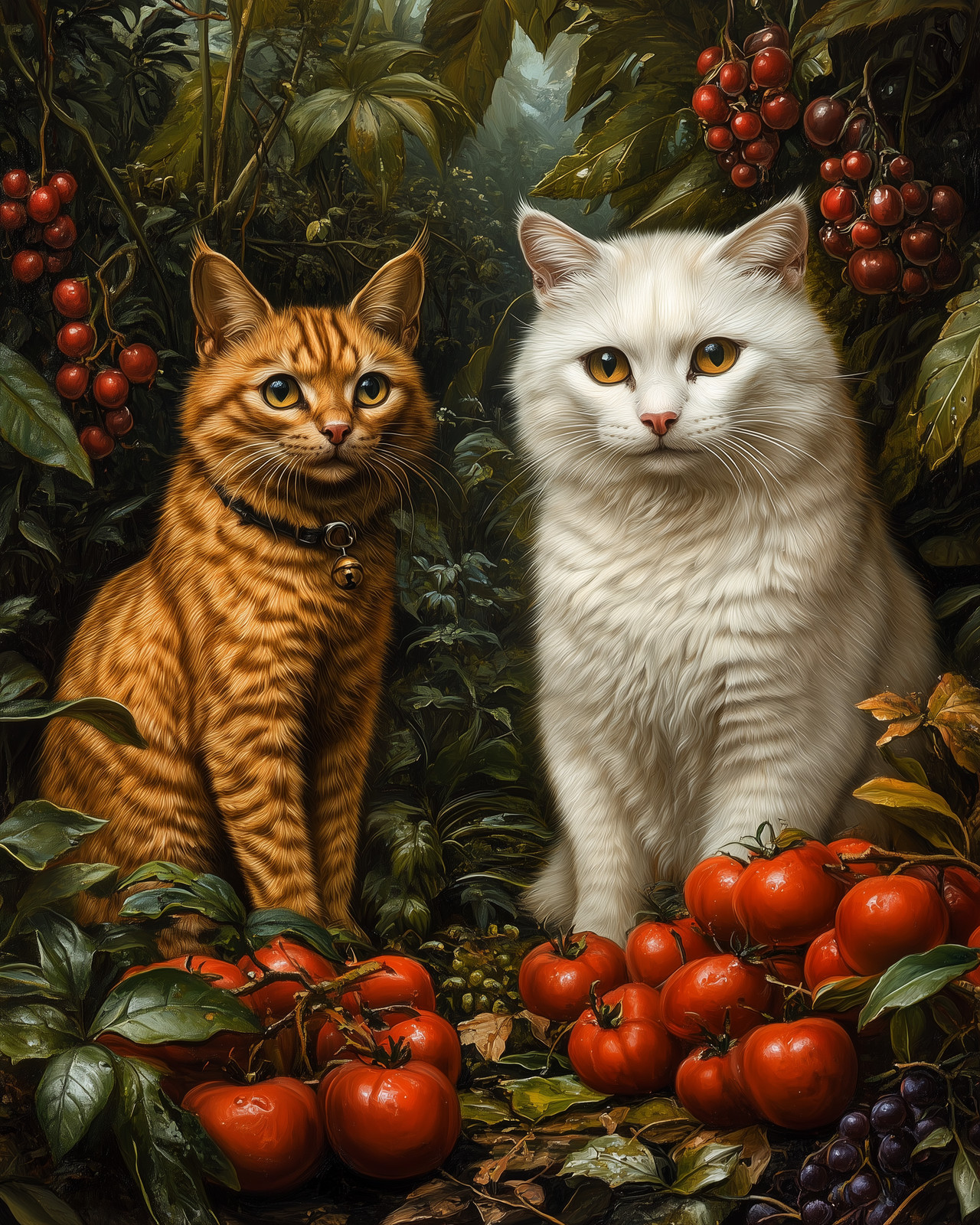 8×10 Domestic Cats two sitting together, tomatoes and garden print – 732953029