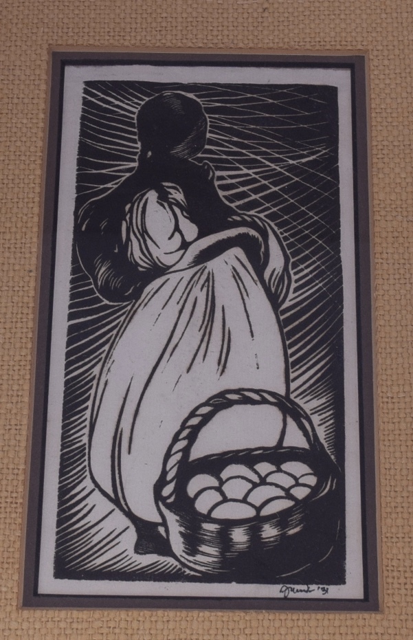 Vintage old black & white wood block print, signed and dated 1931 framed