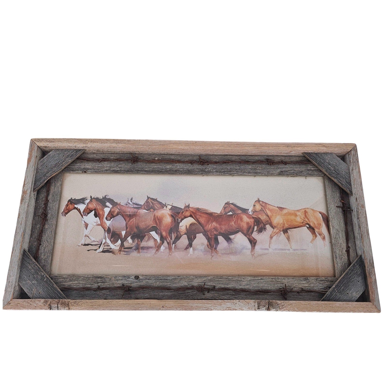 Running Horses Print Custom Barn Wood Frame Barbed Wire Western Wall Art 24×12