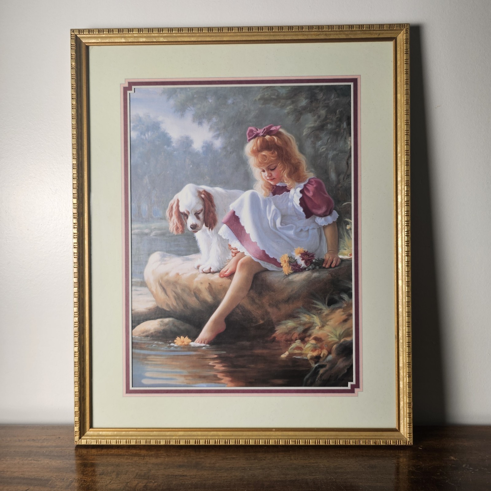 Vintage Home Interiors “A Day Together” Print Girl & Dog Americana Framed 17×21″