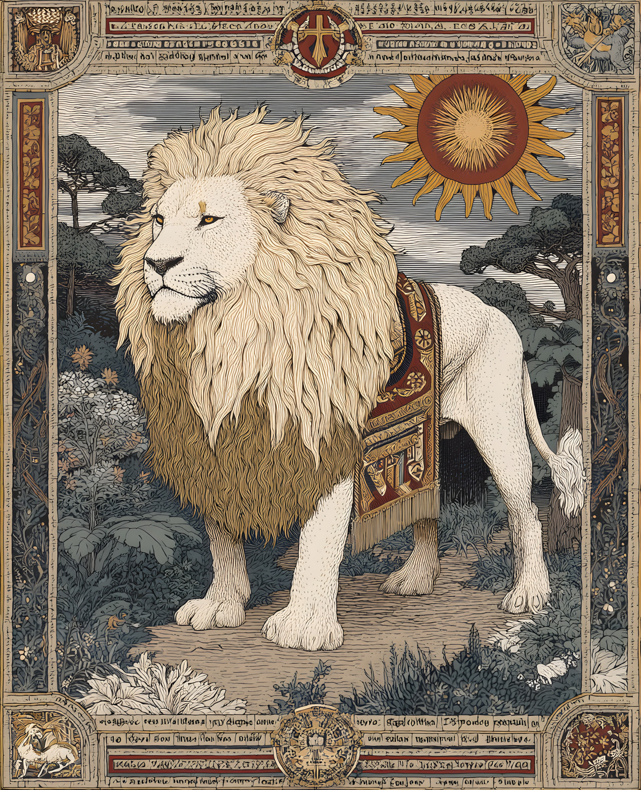 White Male Lion Standing Under Sun Medallion Print – 446367892