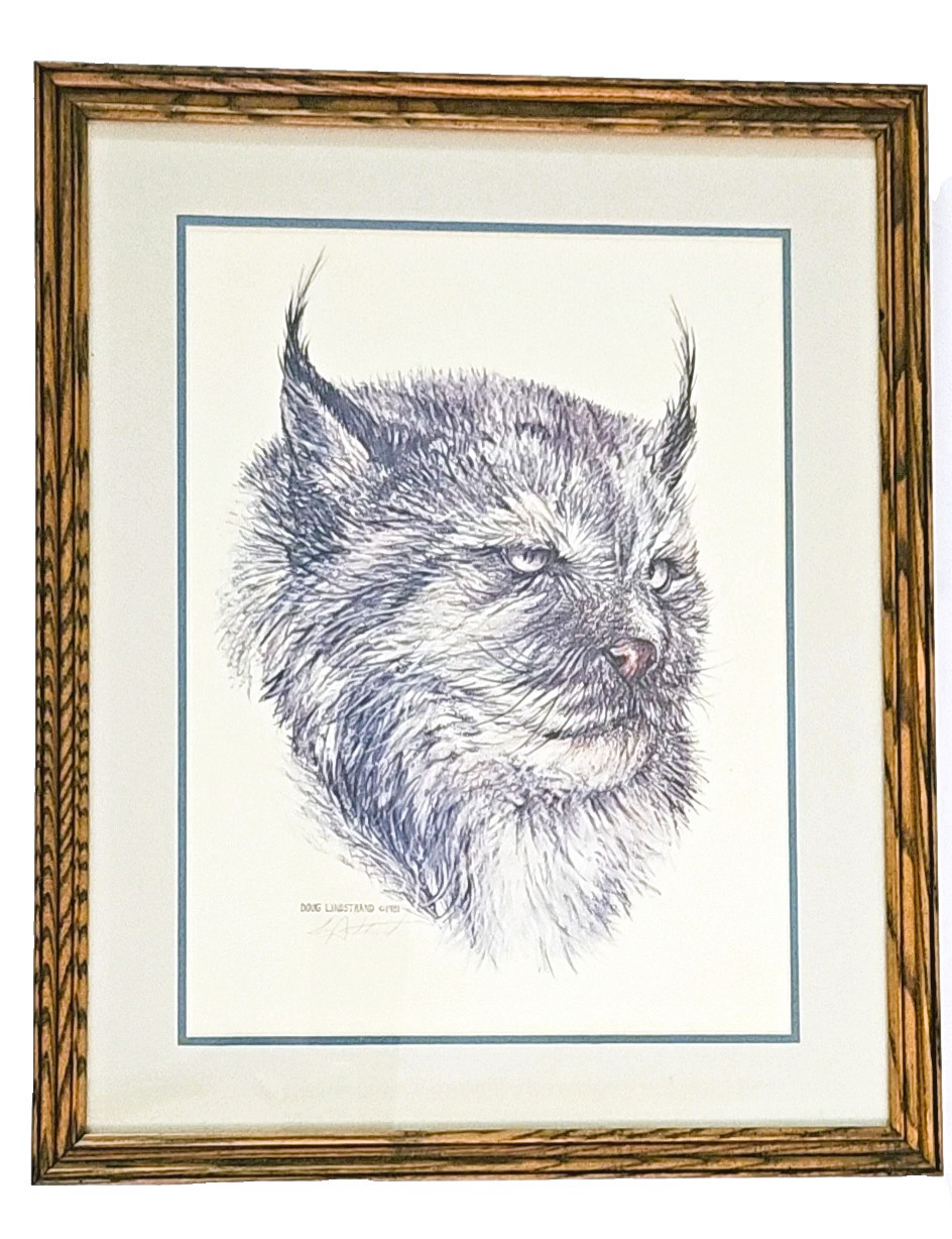DOUG LINSTRAND Canada LYNX Cat 1981 Signed Framed Lithograph Painting w/ Seal