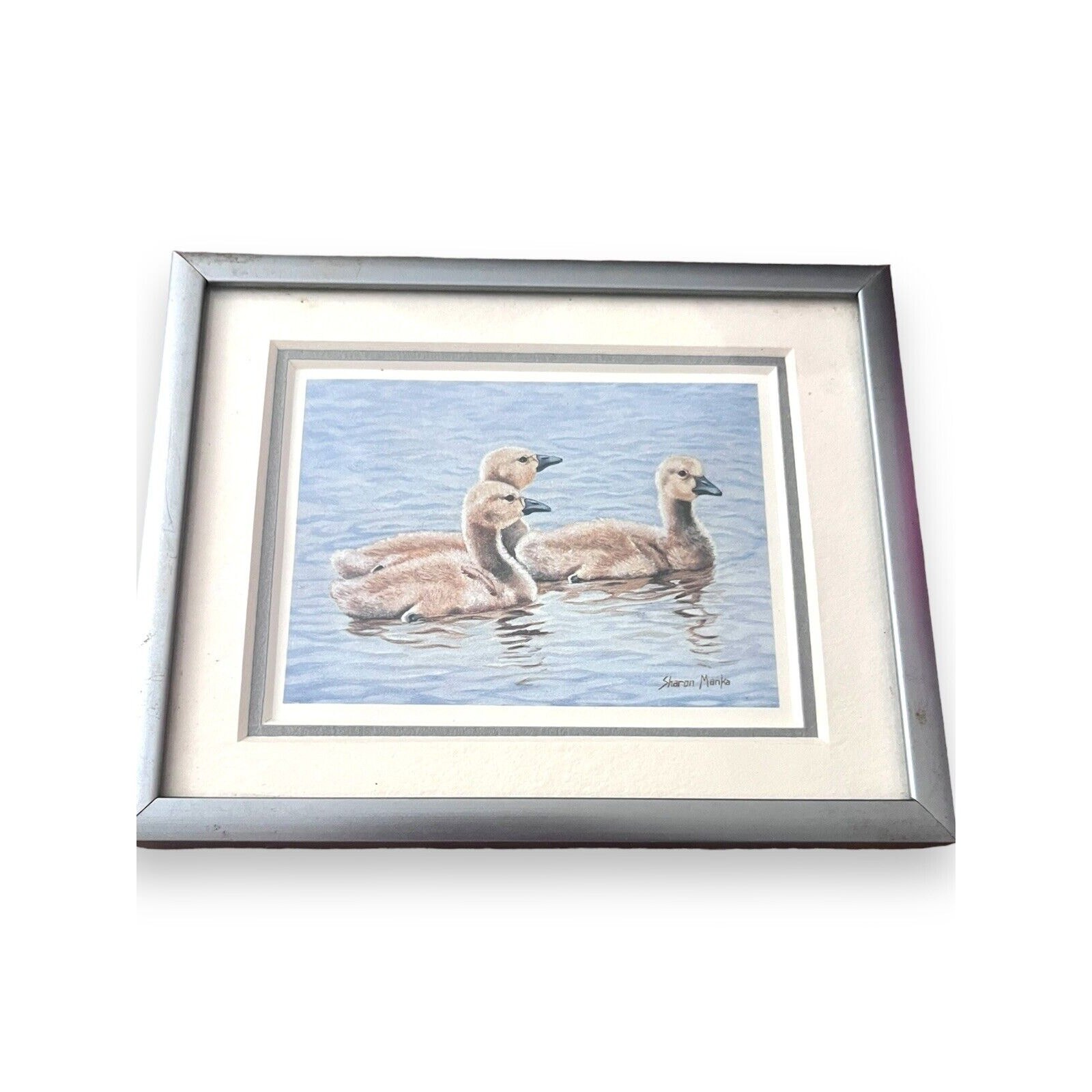 Sharon Manka Ducks Pond Scenery Signed Print Matted And Silver Frame 4×5
