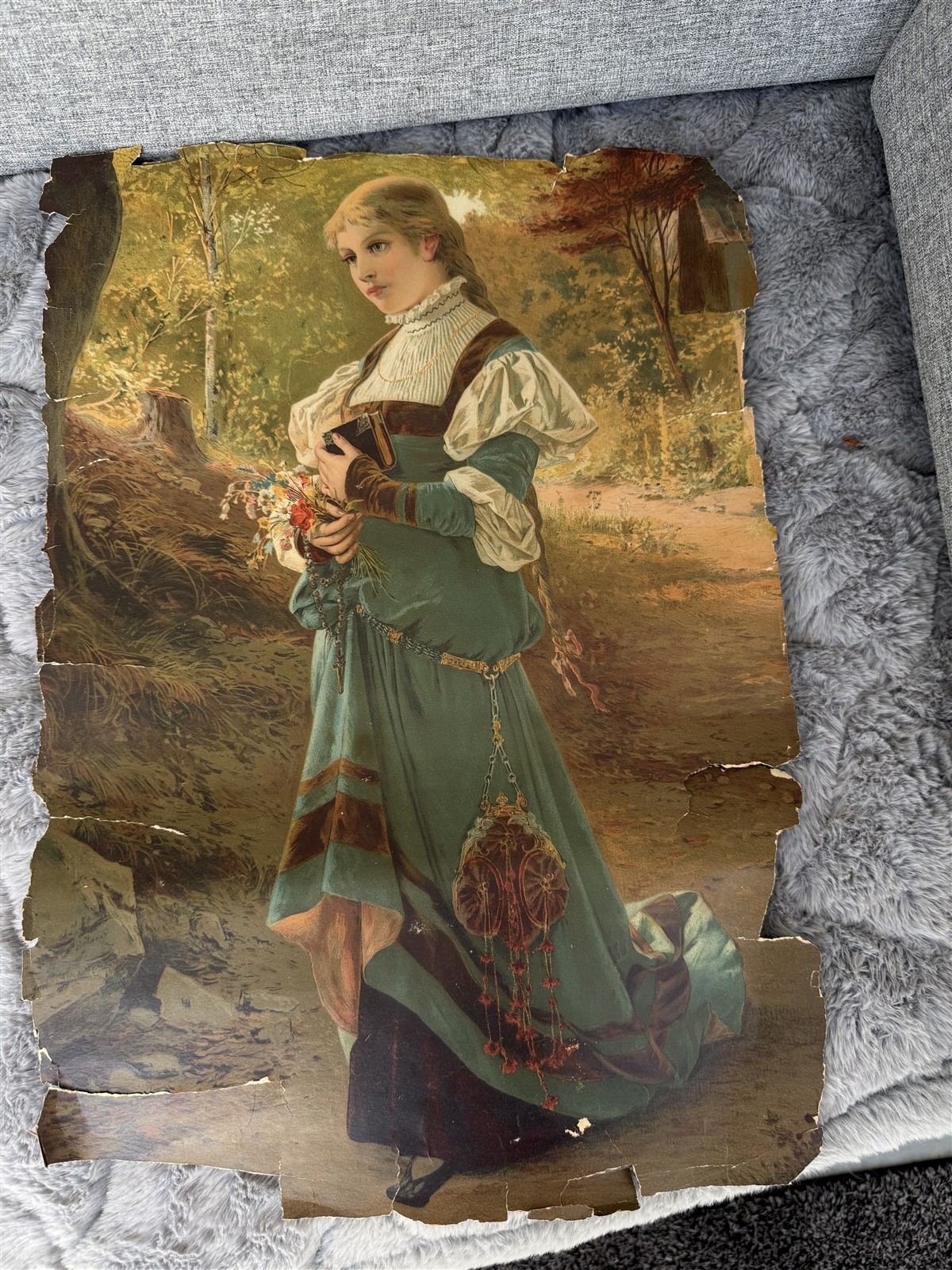 Vintage Lithograph Chromolithograph Maiden Woman Medieval Repurpose