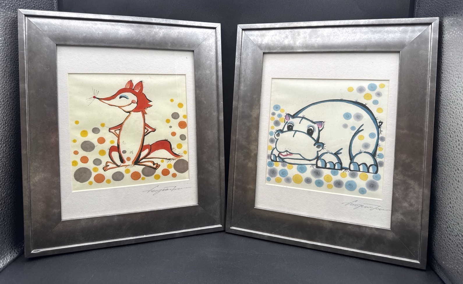 Whimsical Hippo & Fox Framed Watercolors Modernist Dots Kid’s Room Decor 13×11