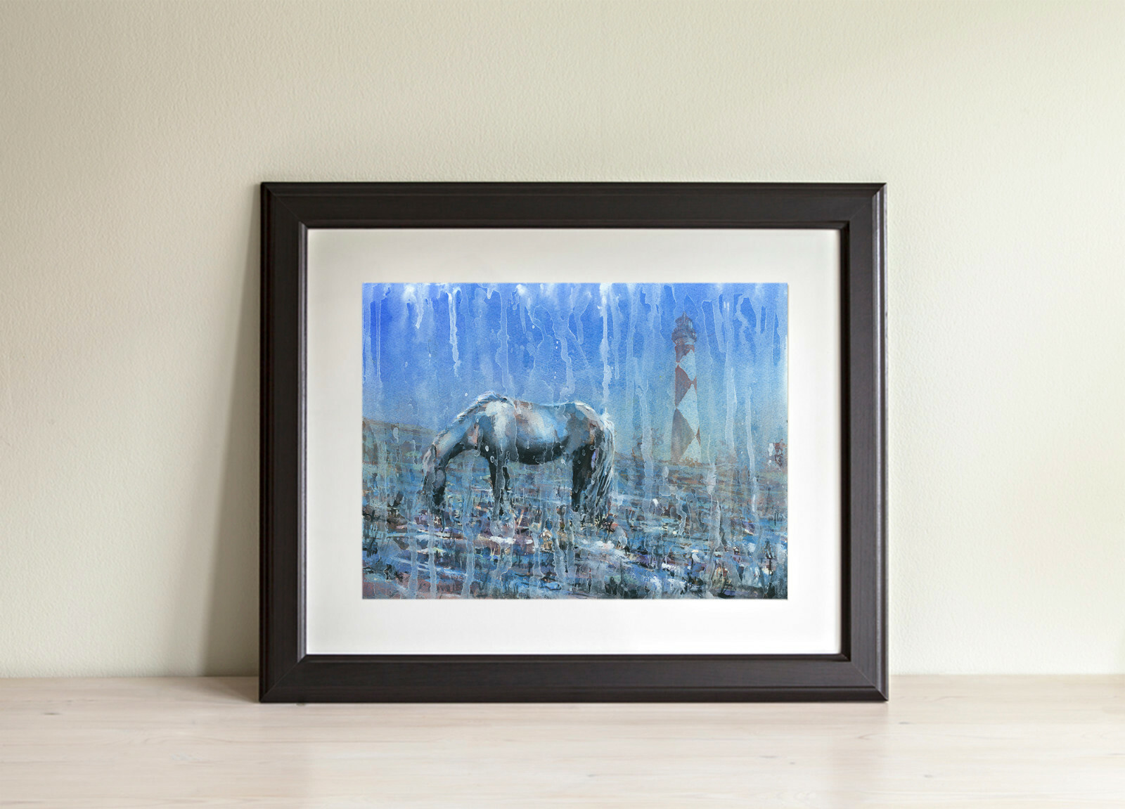 Cape Lookout Lighthouse- North Carolina (USA). Watercolor painting horse (print)