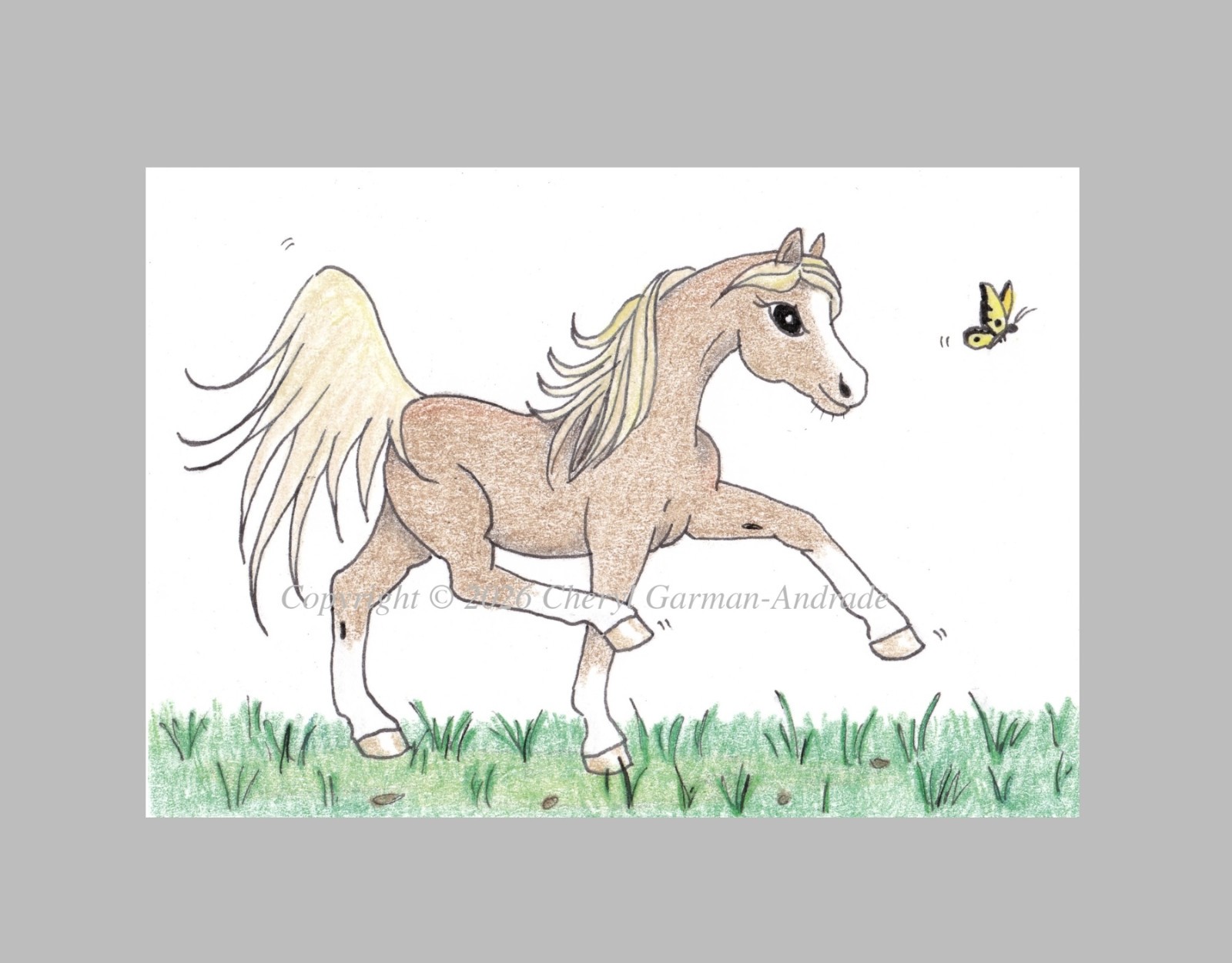 ACEO Print Whimsical Prancing Horse & Butterfly Illustration by Cheryl Andrade