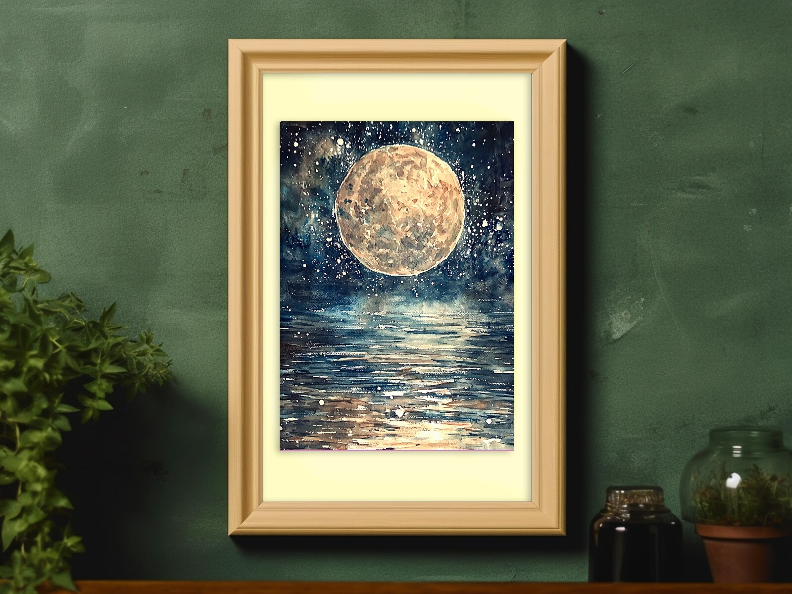 Radiant Full Moon 5″x7″ Print on Matte Paper | Celestial Watercolor Scene