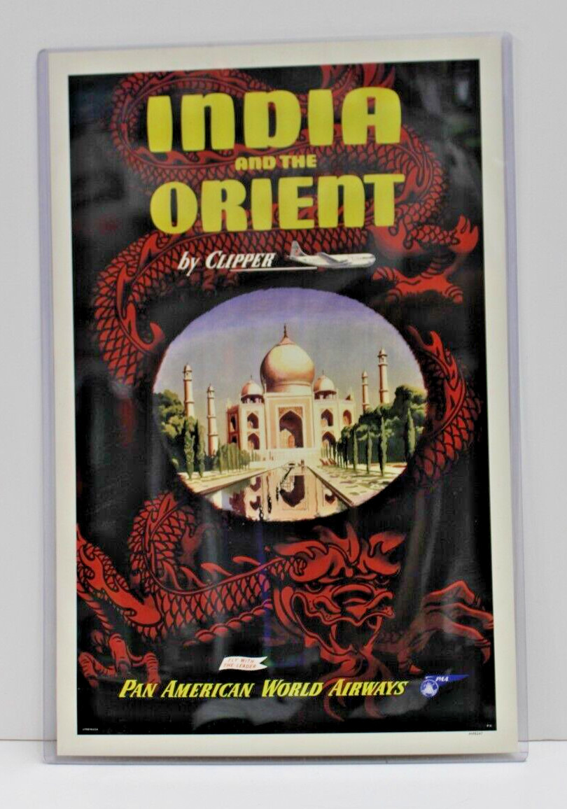 India and the Orient 1950 Vintage Travel Art Pan America 11″ x 17″ in Clear Case