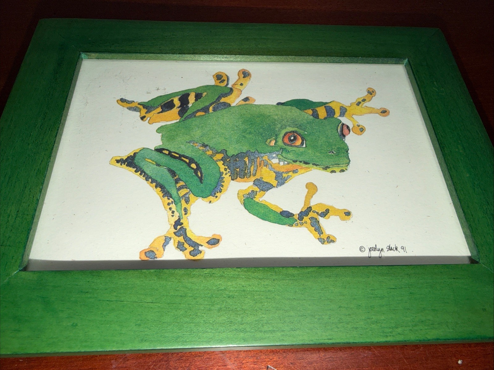 Vintage Framed Tree Frog Watercolor Print By Jocelyn Slack 1991 7.5”x5.5” (CC)