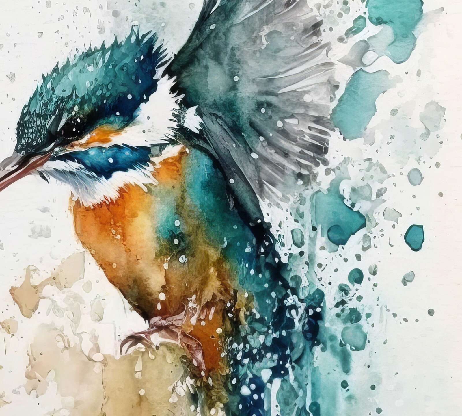 Kingfisher flying out of a stream, print of original watercolour painting 5″x7″