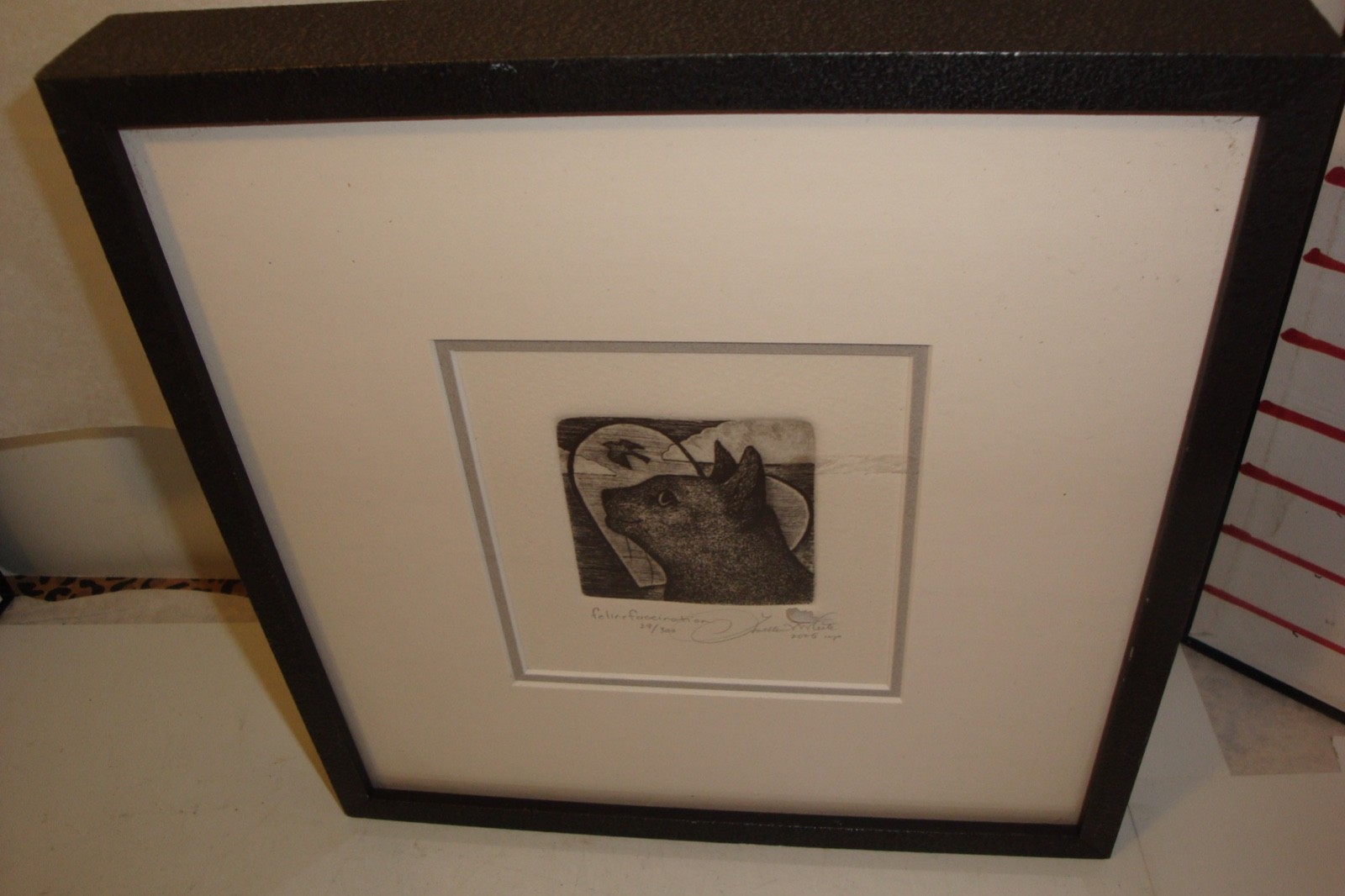 Vintage Louellen Vernon White etching matted & framed Feline Fascination