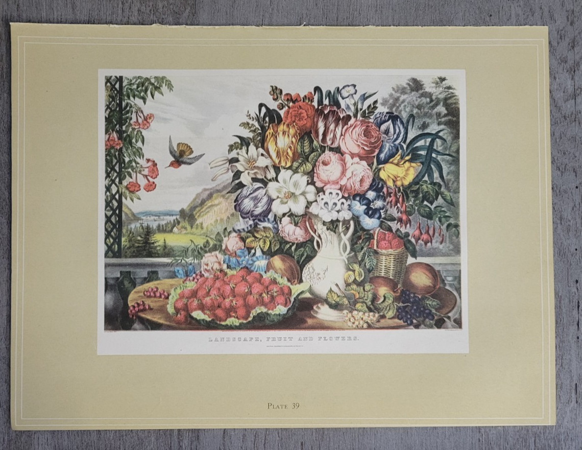 LANDSCAPE FRUIT AND FLOWERS TABLE VASE BOUQUET FLORAL Currier & Ives 12×9 Print