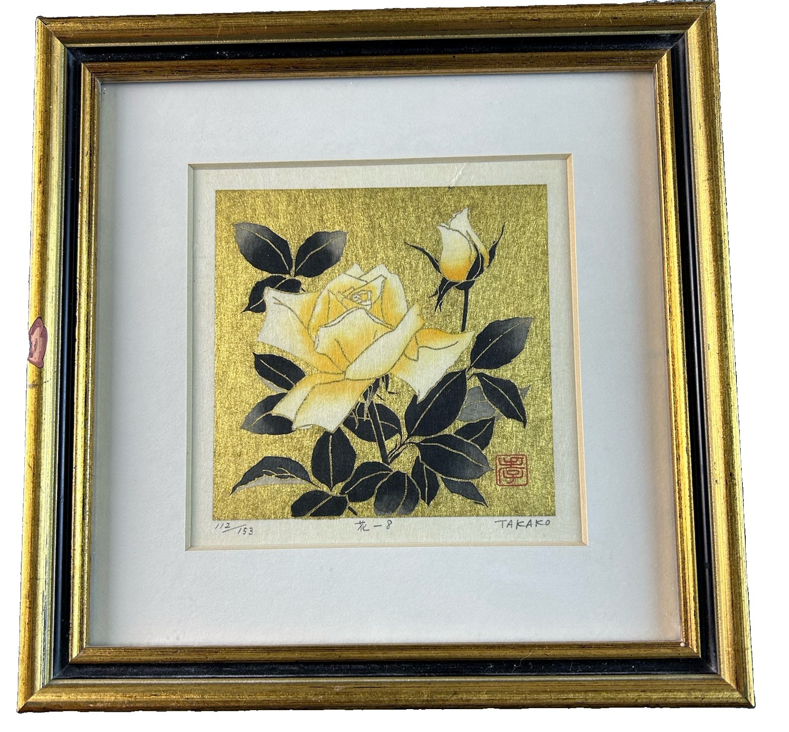 TAKAKO Signed Japanese Woodblock Print Gold Leaf Flower 8 Rose Limited Edition