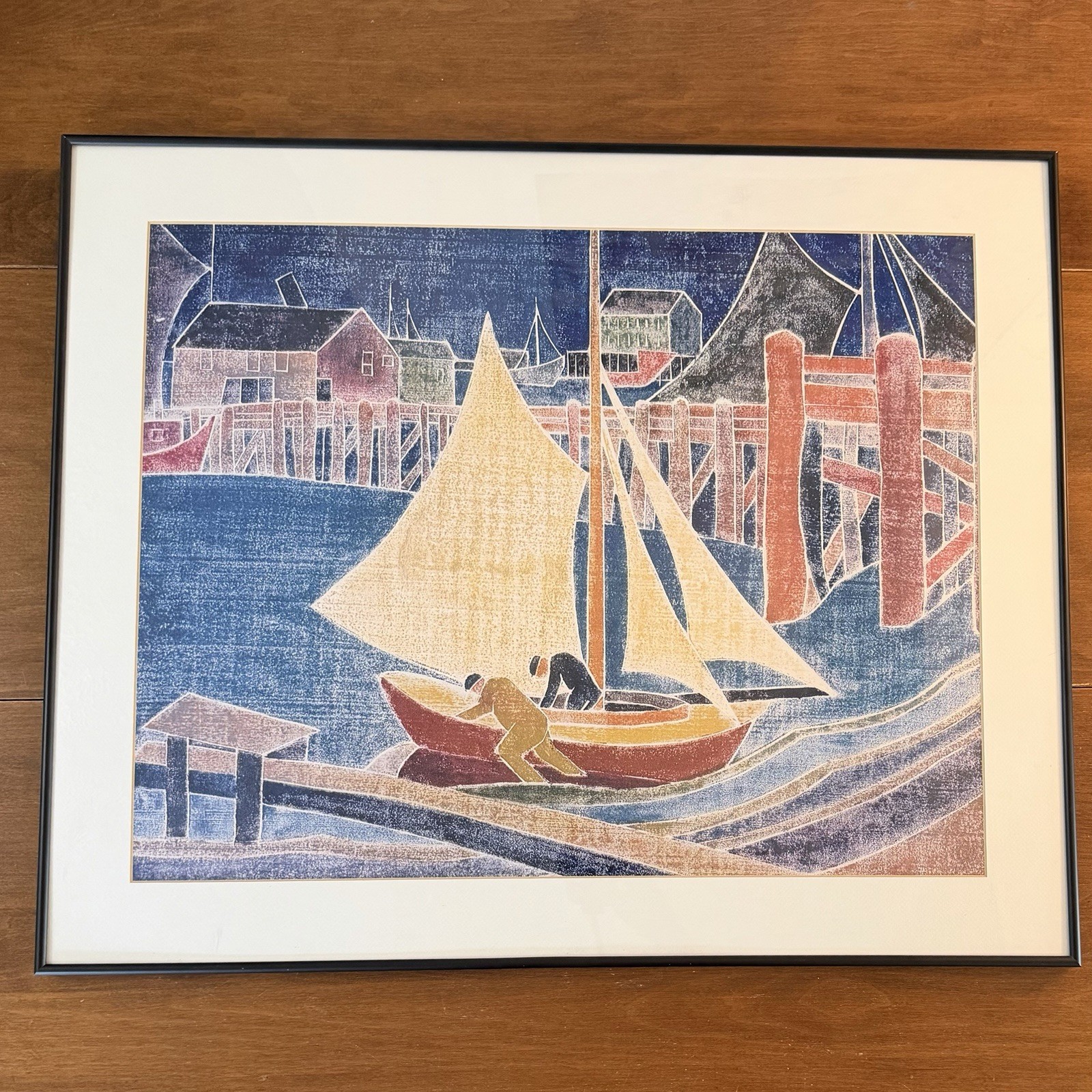 Framed Sailboat Harbor Seascape Print, Nautical Nature Wall Art Landscape