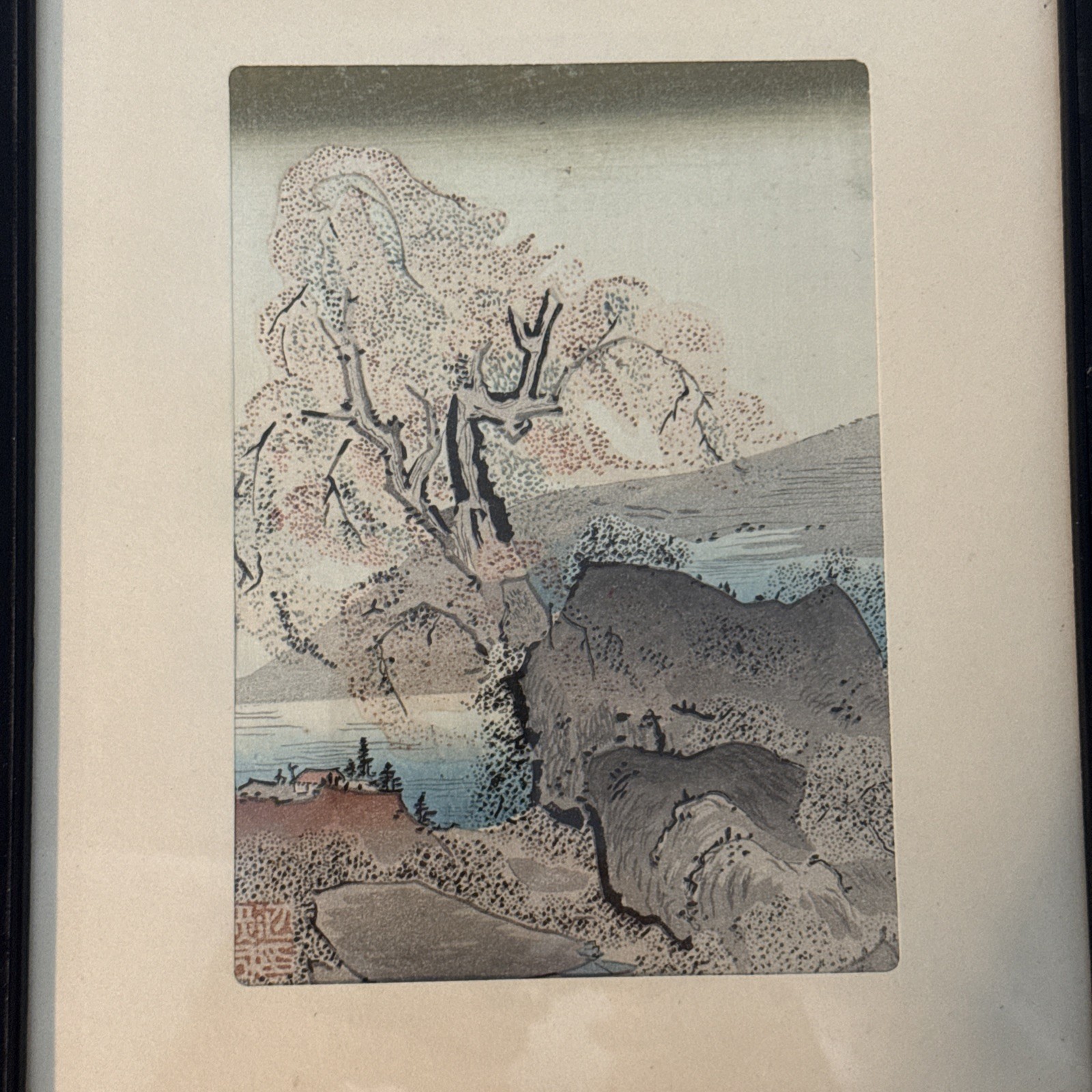 Vintage Kyoto Hangain Group of Small Japanese Wood Block Prints Framed
