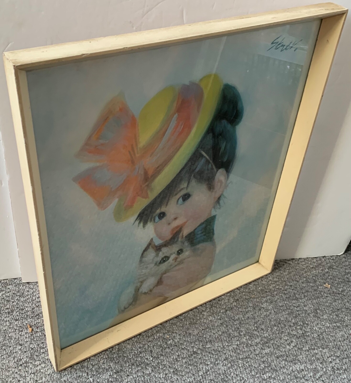 VINTAGE STREV MID CENTURY FRAMED PRINT HARRIET 1960’S JOHN STREVENS GIRL CAT HAT