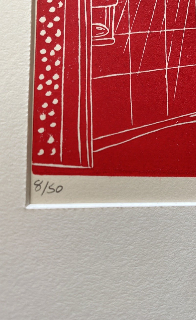 Larry Joe Miller~NUDE STARTING SHOWER Linocut Print 8/50 Signed 2006 Lesbian