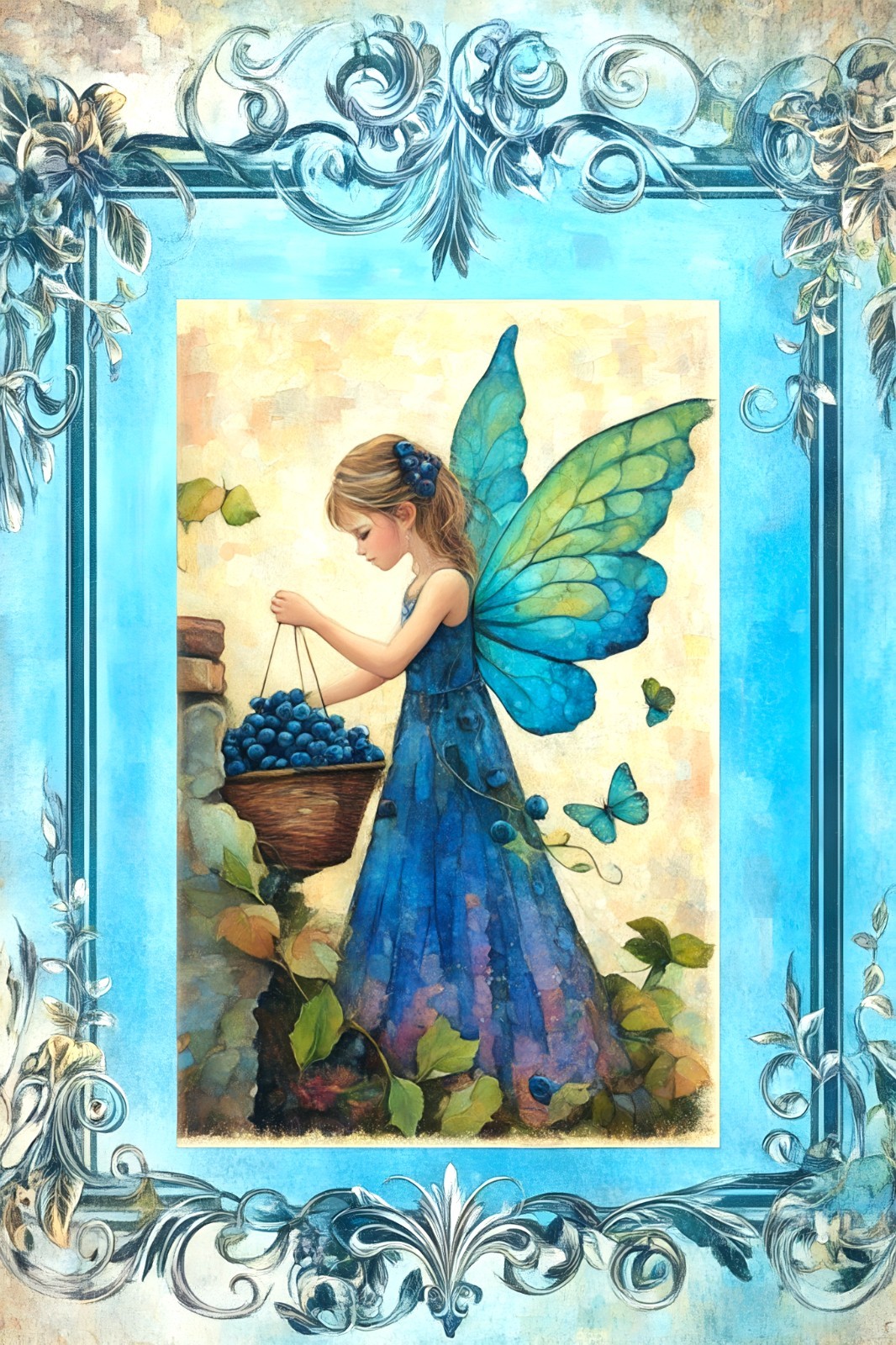 ACEO Artist Trading Card Blueberry Gathering Fairy 2.5×3.5 Mini Art Print ATC
