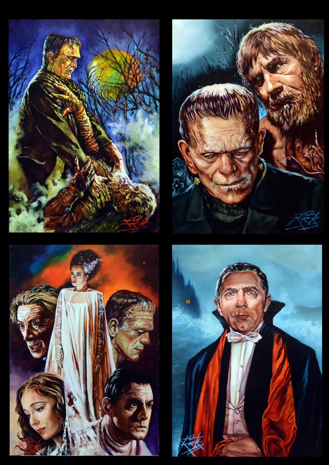 Universal Monsters / Mounted Mini Masterpieces / 4 Signed Rick Melton Art Prints