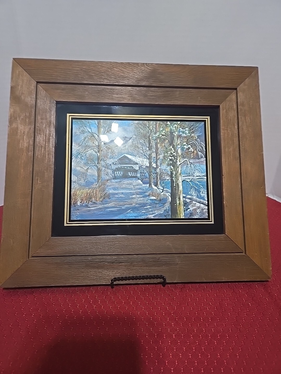 Covered Bridge Winter Foil Engraving Picture 1970’s 14 X 13″ USA Framed Decor