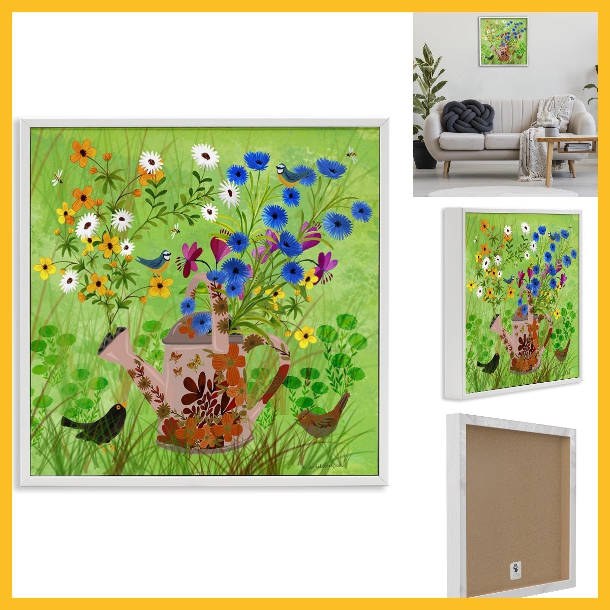 Bright Gardening Can Birds Framed Giclee Widdowson 24 White Design 1 Pack Canvas