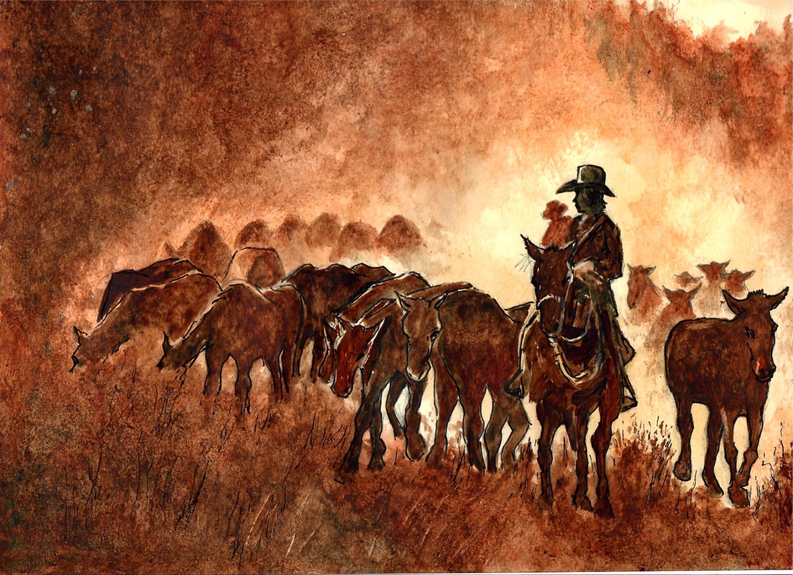 Cowboys And Grazing Horses, Cowboys And Horses, Signed, Matted, Ready For Frame