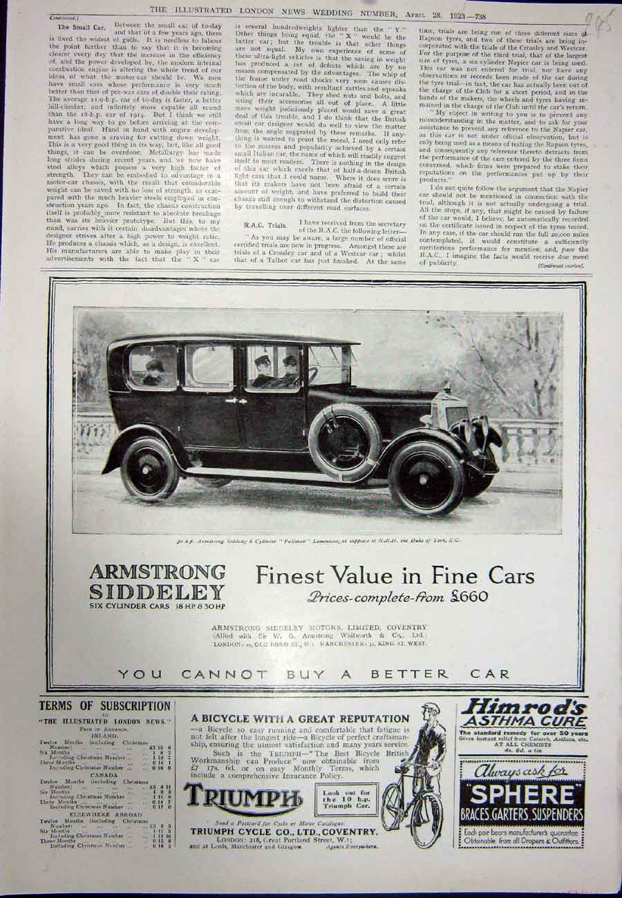 Original Old Vintage Print 1923 Advertisement Triumph Cycle Armstrong Motor Car