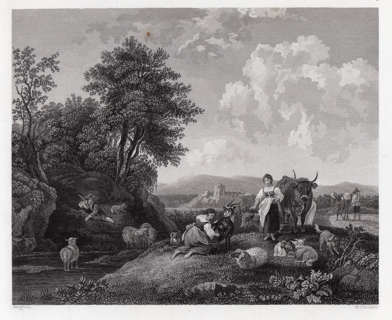 1800s Nicolaes Berchem Engraving “Shepherdesses with Animals” SIGNED Framed COA