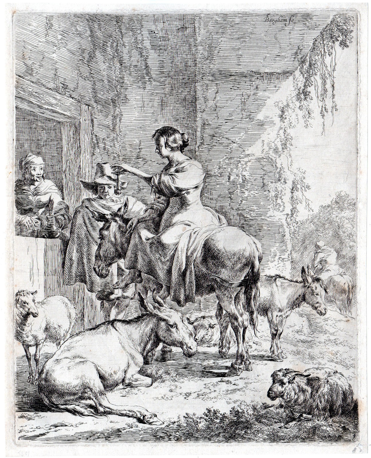 Antique Master Print-PEASANT-WIFE-INN-REST-SHEEP-DONKEYS-Berchem-ca. 1650